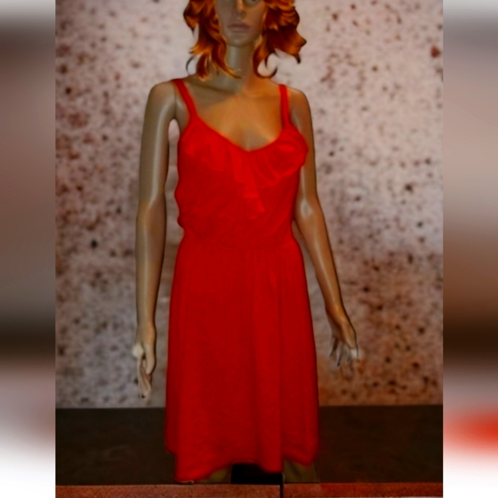 Orange Midi Dress With Ruffle Trim Neck Line (S) 🍊🍊🍊